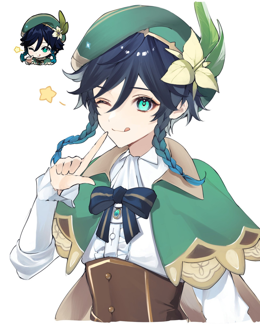 1boy ;q ascot bangs beret blue_hair blush braid brooch brown_corset buttons cape cecilia_flower_(genshin_impact) center_frills collared_cape commentary_request corset dark_blue_hair ebibi_chiriri finger_to_mouth flower frilled_sleeves frills genshin_impact gradient_hair green_cape green_eyes green_headwear hat hat_flower highres jewelry long_sleeves looking_at_viewer male_focus multicolored_hair one_eye_closed reference_inset ribbon shirt short_hair_with_long_locks sidelocks simple_background solo star_(symbol) striped striped_ribbon tongue tongue_out twin_braids venti_(genshin_impact) white_ascot white_background white_shirt