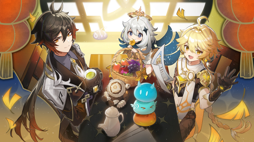 1girl 2boys :d aether_(genshin_impact) ahoge antenna_hair bangs black_gloves blonde_hair blue_cape blue_eyes blush braid braided_ponytail brown_hair cape chair choko_(cup) closed_mouth commentary_request crop_top cup earrings falling_leaves formal fruit_basket genshin_impact ginkgo_leaf gloves gradient_hair hair_between_eyes hair_ornament hayama_eishi highres holding holding_cup jewelry leaf long_sleeves looking_at_viewer low_ponytail mechanical_halo multicolored_hair multiple_boys necktie open_mouth orange_eyes orange_hair paimon_(genshin_impact) scarf short_sleeves single_earring slime_(genshin_impact) smile star_(symbol) star_hair_ornament table thumb_ring white_hair white_necktie white_scarf wing_collar yellow_eyes zhongli_(genshin_impact)
