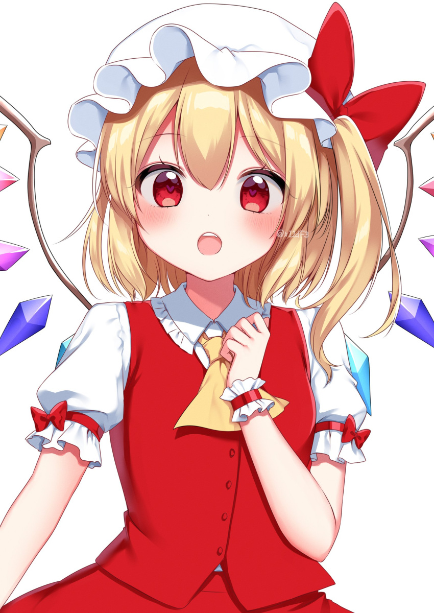1girl absurdres ascot bangs blonde_hair bow breasts buttons collared_shirt commentary_request crystal fang flandre_scarlet hair_between_eyes hand_up hat hat_bow heart heart-shaped_pupils highres jewelry medium_breasts mob_cap multicolored_wings one_side_up puffy_short_sleeves puffy_sleeves red_bow red_eyes red_skirt red_vest shinonome_asu shirt short_hair short_sleeves simple_background skirt skirt_set solo symbol-shaped_pupils teeth tongue touhou twitter_username vest white_background white_headwear white_shirt wings wrist_cuffs yellow_ascot