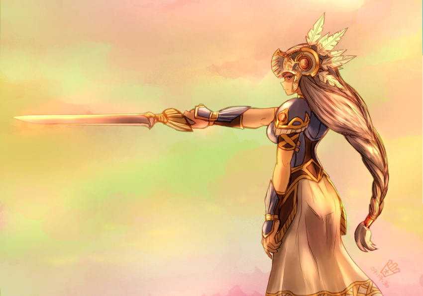 1girl armor armored_dress blue_armor braid helmet lenneth_valkyrie long_hair low-braided_long_hair ootato outdoors pointing_sword sword valkyrie valkyrie_profile weapon white_hair winged_helmet