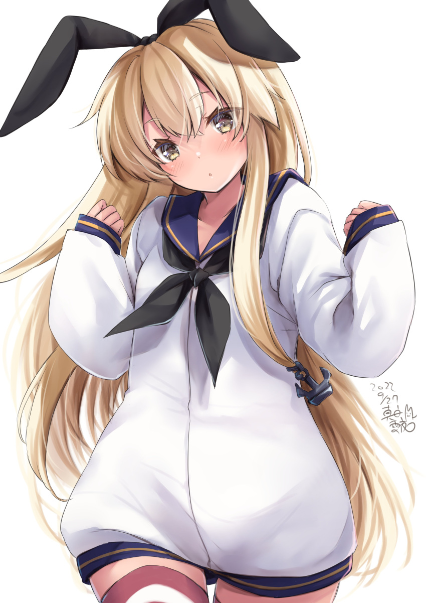 1girl :o absurdres adapted_costume alternate_costume anchor_hair_ornament black_hairband blonde_hair blue_sailor_collar cowboy_shot dated dress grey_eyes hair_between_eyes hair_ornament hairband highres kantai_collection long_hair long_sleeves looking_at_viewer mashiro_yukiya sailor_collar sailor_dress shimakaze_(kancolle) signature simple_background solo striped striped_thighhighs thigh-highs white_background