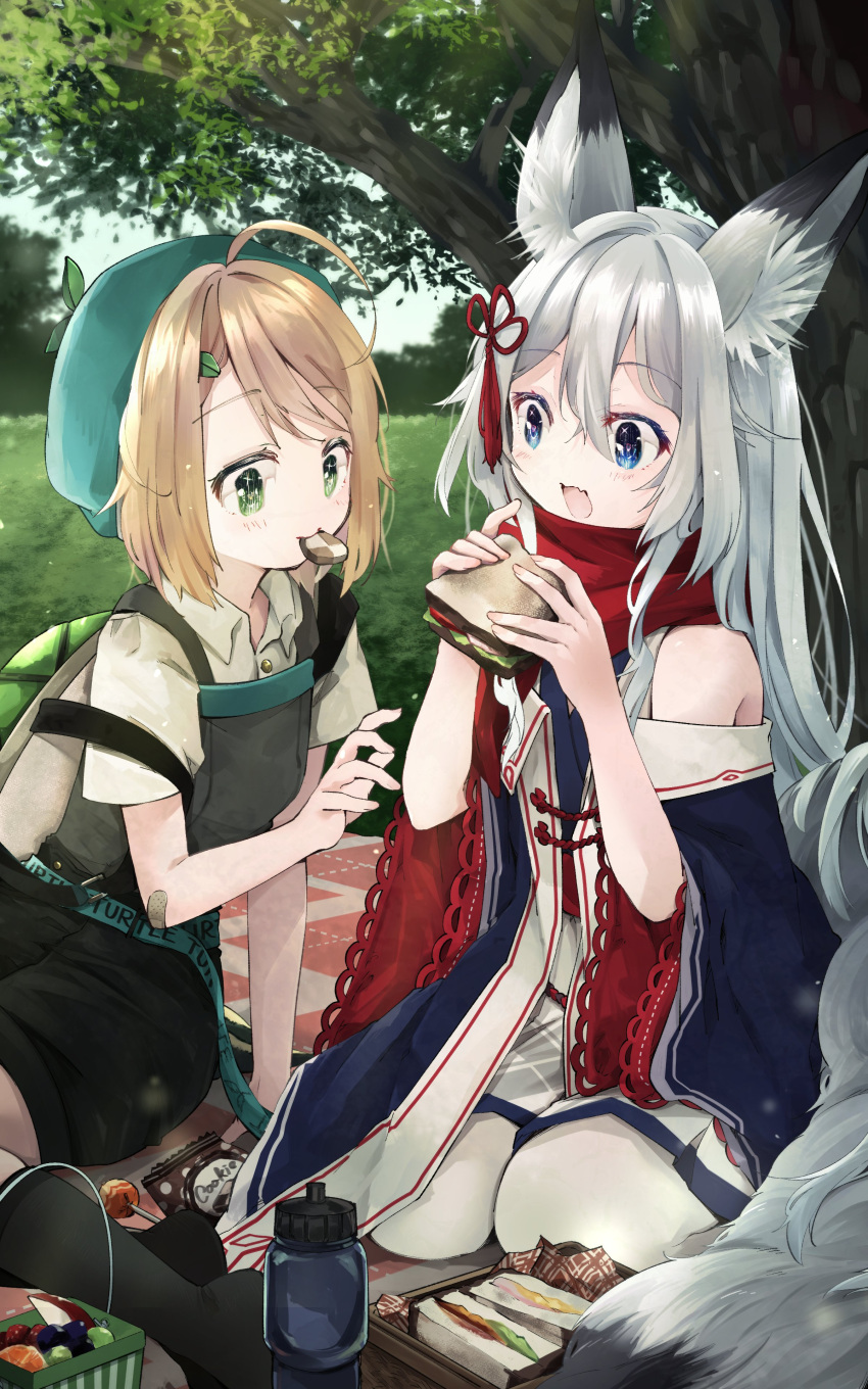 2girls :d absurdres animal_ears blonde_hair blue_eyes coat commission cookie dress fang fen_(vtuber) food fox_ears fox_girl fox_tail fruit green_eyes hat highres indie_virtual_youtuber long_hair mouth_hold multiple_girls nanana_(nanana_iz) off-shoulder_coat off_shoulder open_clothes open_coat original outdoors picnic sandwich scarf second-party_source shirt short_dress short_hair short_sleeves shorts sitting skeb_commission skin_fang smile tail white_hair wide_sleeves