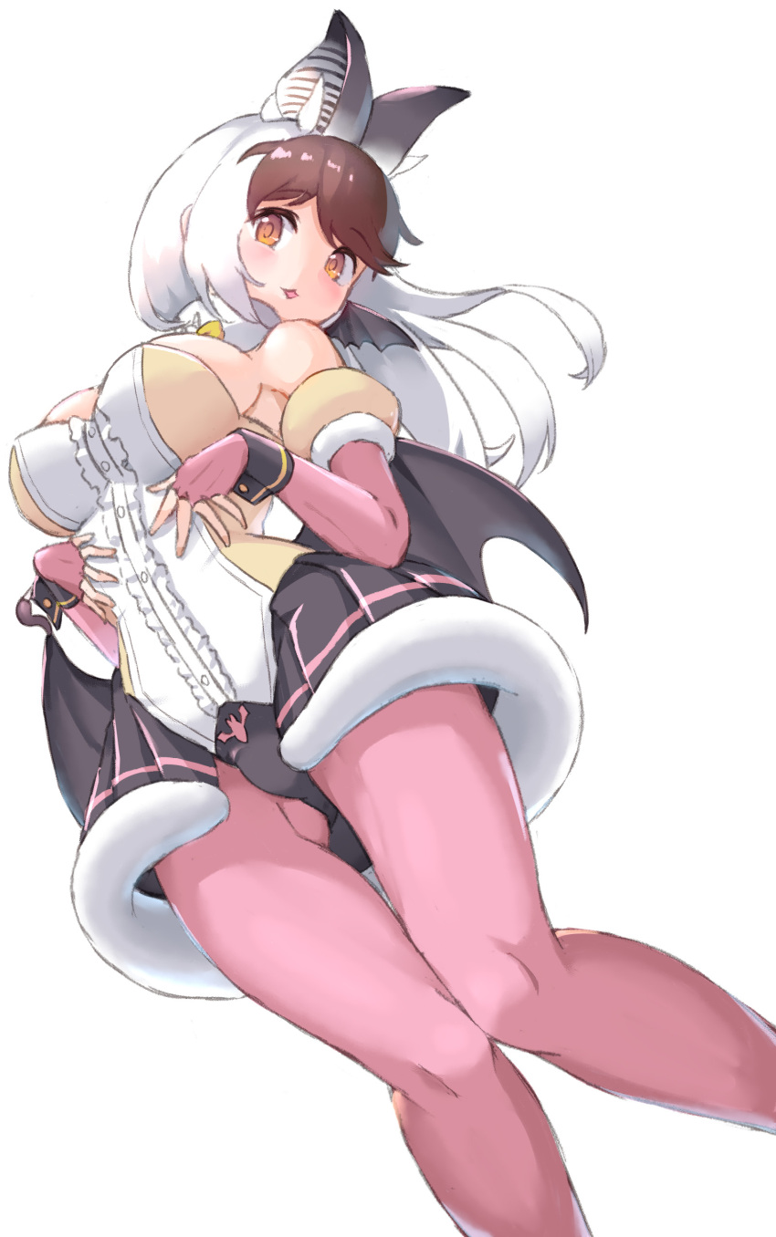 1girl absurdres animal_costume animal_ear_fluff animal_ears bat_wings breasts brown_eyes brown_hair brown_long-eared_bat_(kemono_friends) elbow_gloves extra_ears fingerless_gloves gloves grey_hair highres kemono_friends kemono_friends_v_project large_breasts leotard long_hair looking_at_viewer microphone multicolored_hair open_mouth pantyhose sawara_noa scarf simple_background skirt solo virtual_youtuber wings