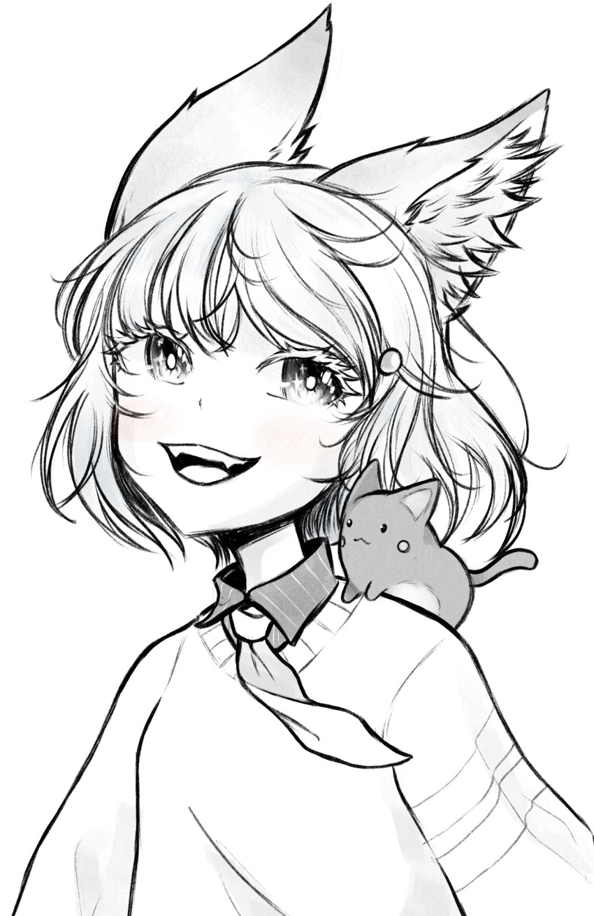 1girl animal_ear_fluff animal_ears animal_on_shoulder collared_shirt english_commentary fangs fox_ears fox_girl greyscale haiirosanrkgk highres looking_at_viewer monochrome necktie open_mouth phase_connect shirt short_hair simple_background smile solo striped striped_shirt sweater tenma_maemi theo_(tenma_maemi) upper_body virtual_youtuber white_background