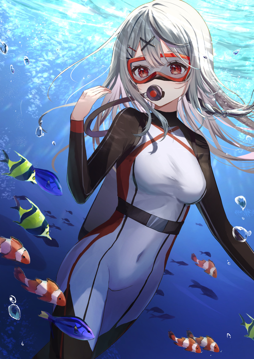 1girl absurdres air_bubble ayatsuki_hina bangs black_hair bodysuit braid breasts bubble clownfish commentary_request covered_navel diving_mask diving_regulator eyelashes fish goggles grey_hair hair_between_eyes hair_ornament hairclip hand_up highres hololive long_hair long_sleeves looking_at_viewer medium_breasts multicolored_hair oxygen_tank red_eyes sakamata_chloe side_braid sidelocks single_braid skin_tight solo streaked_hair underwater water wetsuit white_bodysuit x_hair_ornament