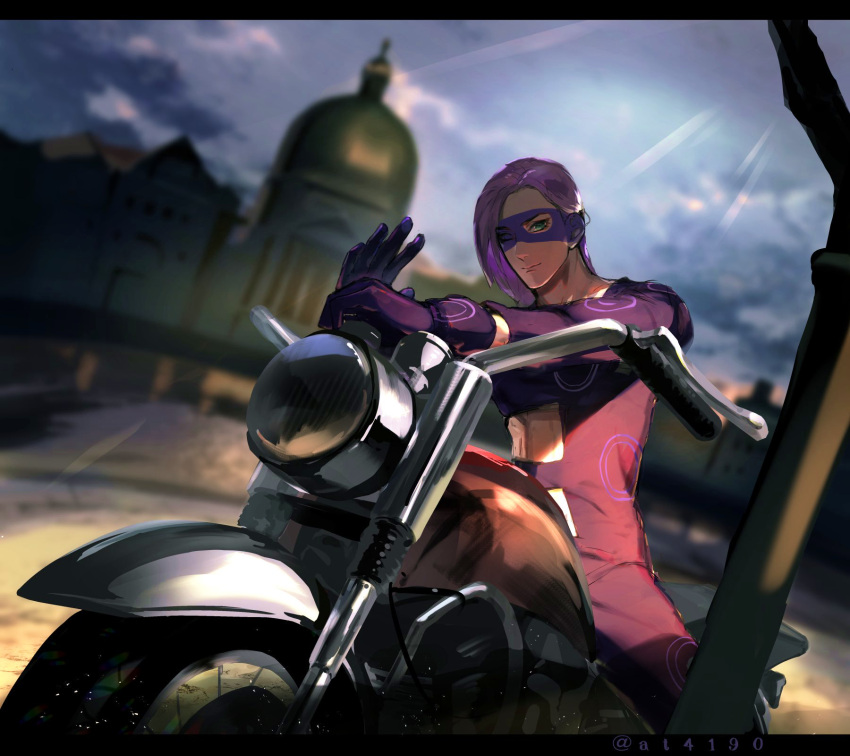 1boy at4190_(user_vzac7788) bangs blue_sky blurry blurry_background building closed_mouth clouds cloudy_sky gloves green_eyes ground_vehicle highres italy jojo_no_kimyou_na_bouken long_hair long_sleeves looking_at_viewer mask melone motor_vehicle motorcycle outdoors pants purple_gloves purple_hair purple_pants purple_shirt shirt single_sleeve sitting sky smile solo vento_aureo