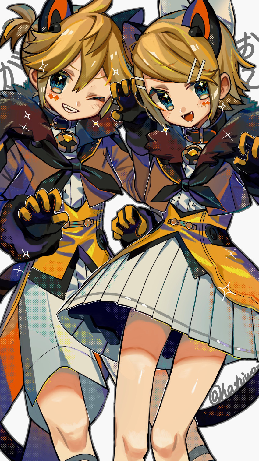 1boy 1girl absurdres animal_ears aqua_eyes bell belt_collar bishounen blonde_hair blue_eyes brother_and_sister collar dress fake_animal_ears hair_ornament hairclip hashiwo highres kagamine_len kagamine_rin looking_at_viewer one_eye_closed open_mouth ribbon short_hair shorts siblings smile twins vocaloid white_background