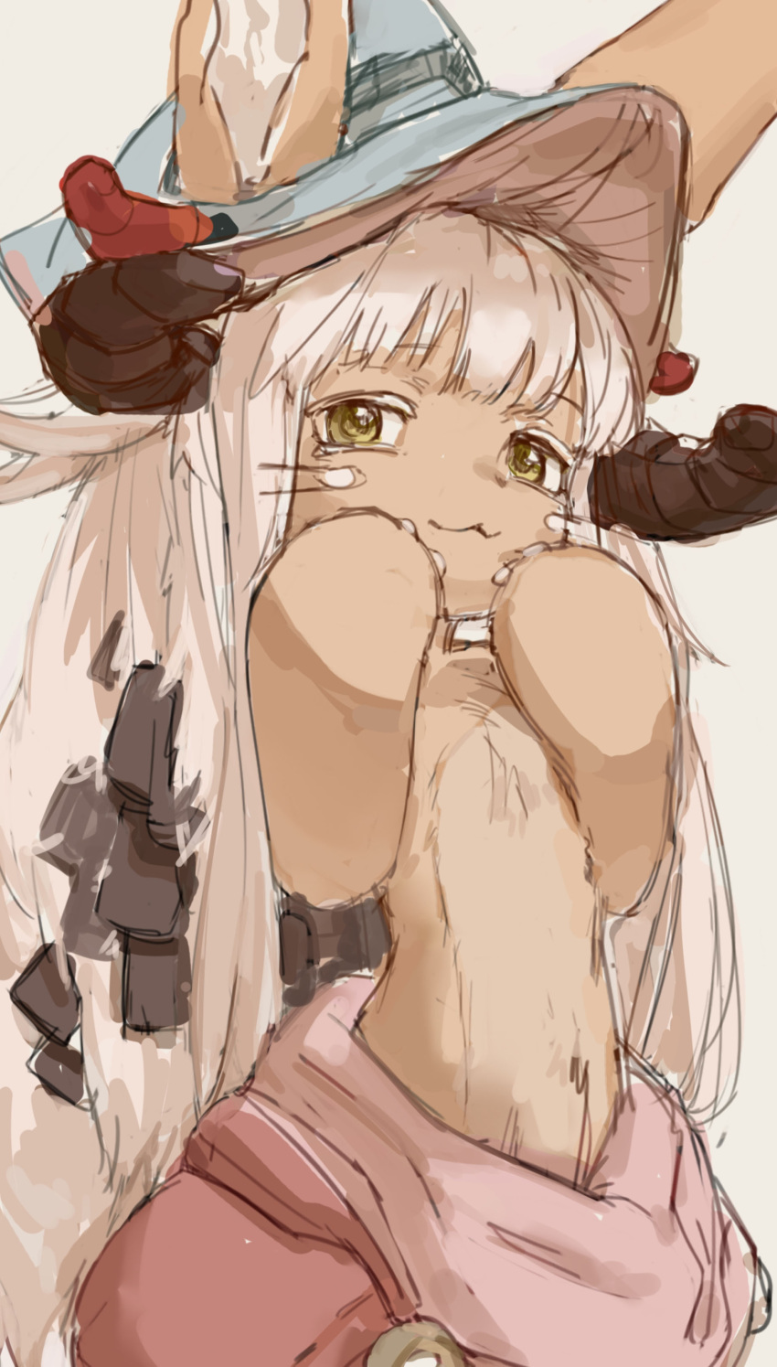 1other :3 absurdres animal_ears brown_fur closed_mouth ears_through_headwear fake_horns furry green_eyes hands_on_own_cheeks hands_on_own_face hands_up helmet highres horned_helmet horns light_brown_hair long_hair looking_at_viewer made_in_abyss nanachi_(made_in_abyss) other_focus pants puffy_pants red_pants simple_background sketch smile solipsist solo topless whiskers