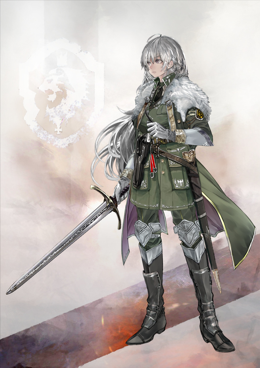 1girl absurdres ahoge armor bodevarc boots brown_eyes commentary_request emblem full_body fur_collar gloves gold_trim green_jacket grey_hair gun highres holding holding_sword holding_weapon holster holstered_weapon jacket long_hair military military_uniform mixed-language_commentary necktie original sheath solo standing sword uniform unsheathed weapon white_gloves