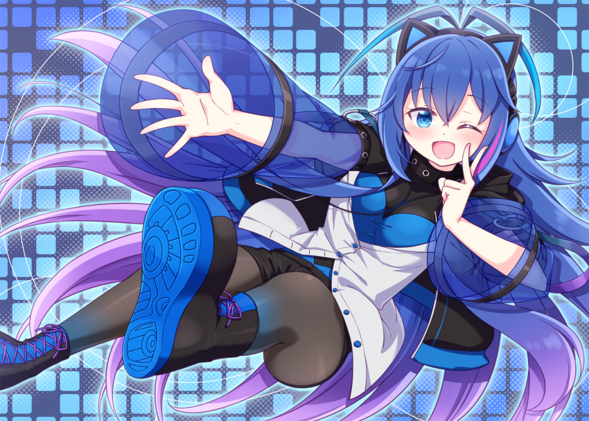 1girl ;d animal_ear_headphones animal_ears antenna_hair bangs black_footwear black_jacket black_pantyhose black_shorts blue_eyes blue_hair blue_jacket breasts commentary_request commission fake_animal_ears feet_out_of_frame gradient_hair hair_between_eyes harada_(sansei_rain) highres indie_virtual_youtuber jacket legwear_under_shorts long_hair looking_at_viewer medium_breasts multicolored_hair one_eye_closed open_clothes open_jacket open_mouth pantyhose purple_hair see-through see-through_sleeves shirt shoe_soles shoes short_shorts shorts skeb_commission smile solo streaked_hair very_long_hair virtual_youtuber white_shirt wide_sleeves yorisaka_lemay