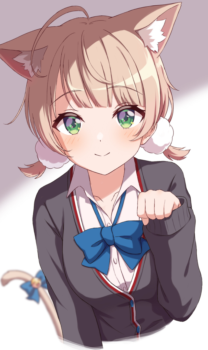 1girl ahoge animal_ear_fluff animal_ears black_bow black_bowtie blush bow bowtie cardigan cat_ears cat_girl cat_tail closed_mouth collared_shirt dress_shirt green_eyes grey_cardigan hachiman_tanuki hair_ornament highres indie_virtual_youtuber light_brown_hair looking_at_viewer loose_bowtie low_twintails paw_pose pom_pom_(clothes) pom_pom_hair_ornament shigure_ui_(vtuber) shirt short_hair short_twintails smile solo tail tail_bow tail_ornament twintails virtual_youtuber white_shirt