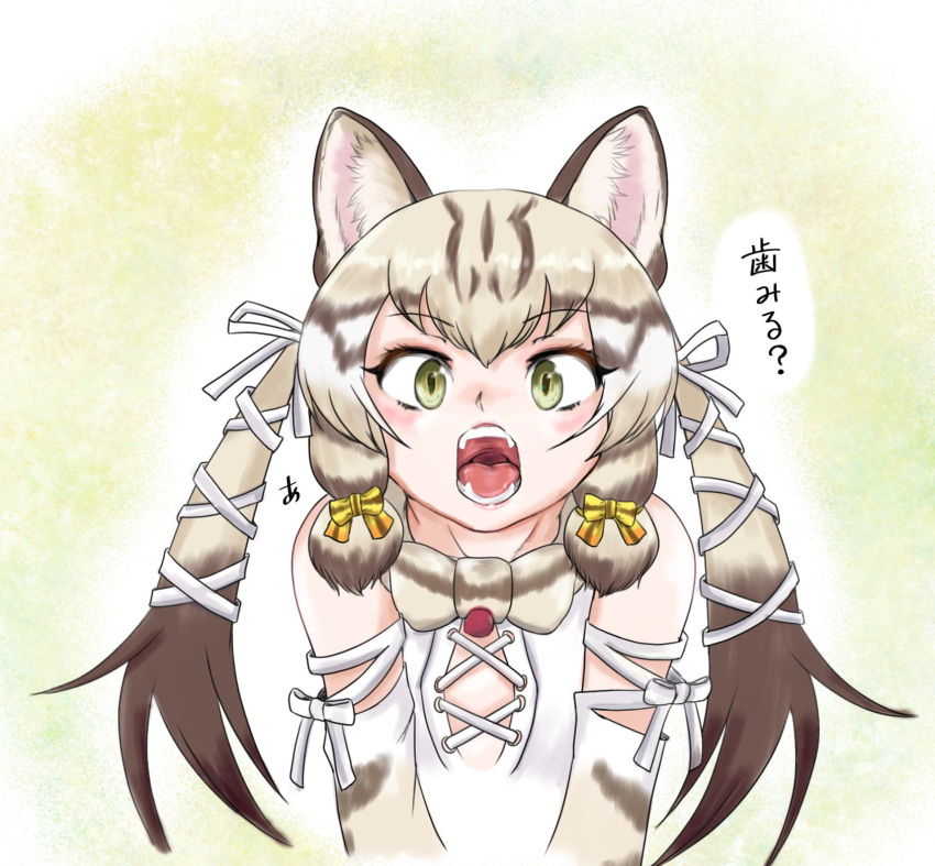 1girl animal_costume animal_ear_fluff animal_ears bow bowtie brown_hair cat_ears cat_girl extra_ears geoffroy's_cat_(kemono_friends) green_eyes grey_hair highres kemono_friends kemono_friends_v_project long_hair looking_at_viewer microphone multicolored_hair open_mouth ribbon saja_(166j357) shirt simple_background solo teeth tongue twintails virtual_youtuber