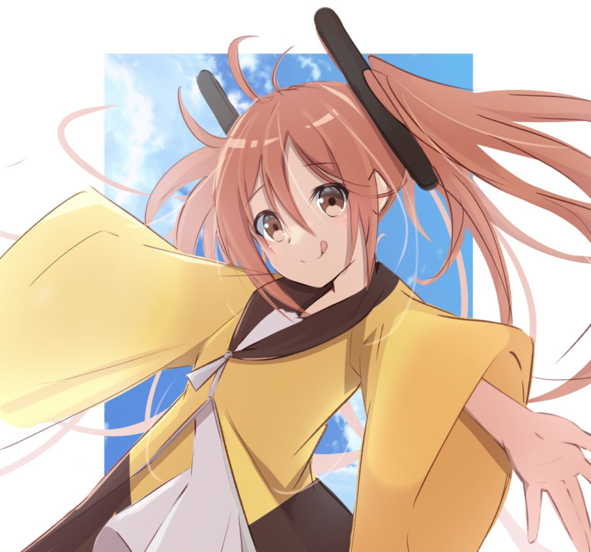 1girl :p ahoge aihara_enju black_bullet brown_hair cropped_arms hair_between_eyes honma_(honmatomohiro) long_hair looking_at_viewer outstretched_arms solo tagme tongue tongue_out twintails wide_sleeves