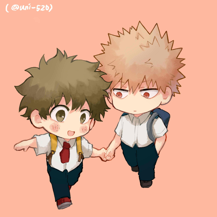 2boys arm_up artist_name bag bakugou_katsuki bangs black_pants blue_bag blush boku_no_hero_academia brown_footwear brown_hair chibi closed_mouth collared_shirt dango_(uni_520) english_commentary green_eyes green_hair hair_between_eyes hand_in_pocket hand_up highres light_brown_hair looking_at_another looking_to_the_side midoriya_izuku multiple_boys necktie open_mouth pants pink_background red_eyes red_footwear red_necktie running shirt shoes short_hair short_sleeves simple_background smile walking white_shirt