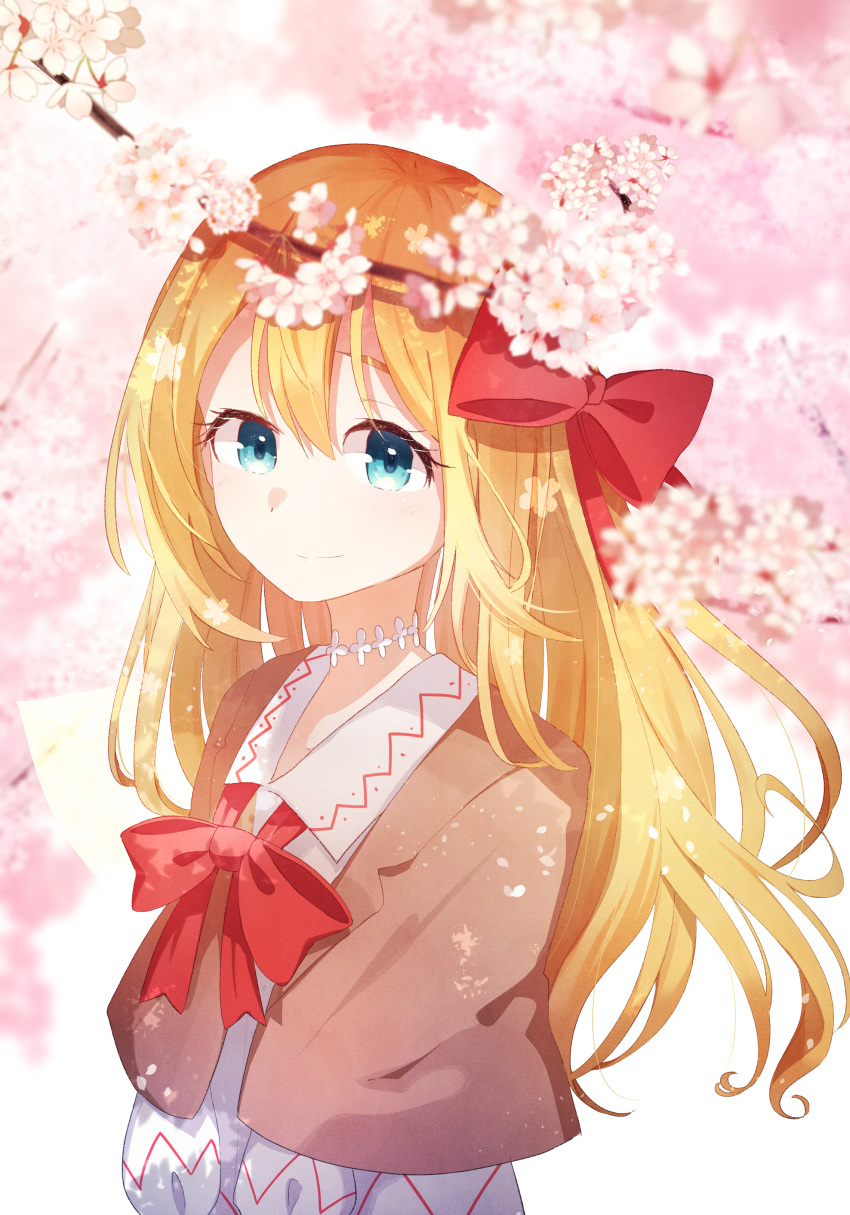 1girl absurdres ametama_(runarunaruta5656) blonde_hair blue_eyes blush bow bowtie branch brown_capelet capelet closed_mouth dress fairy fairy_wings flower hair_bow happy highres lily_white long_hair long_sleeves no_headwear outdoors pink_flower red_bow red_bowtie smile solo touhou white_dress wings