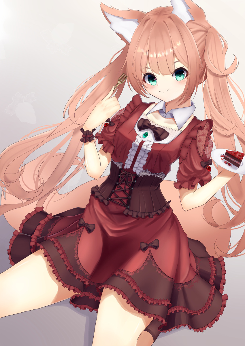 1girl absurdres animal_ear_fluff animal_ears bangs black_bow blue_eyes blush bow cake cake_slice center_frills closed_mouth dress food fork fox_ears fox_girl fox_tail frilled_dress frills fruit grey_background hands_up highres hinata_(user_rjkt4745) holding holding_fork holding_plate long_hair original plate puffy_short_sleeves puffy_sleeves red_dress short_sleeves smile solo strawberry tail twintails very_long_hair wrist_cuffs