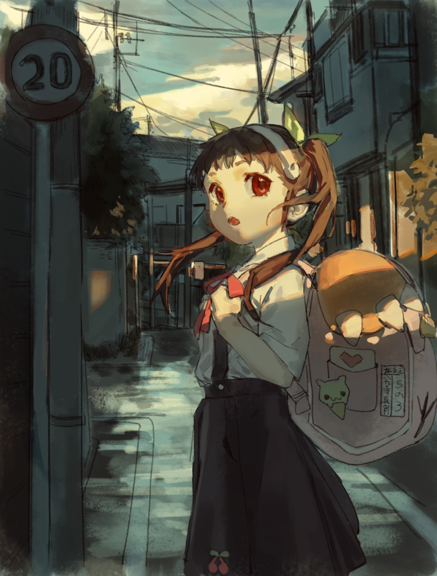 1girl absurdres backpack bag black_skirt brown_hair building green_ribbon hachikuji_mayoi hair_ribbon hairband highres long_hair monogatari_(series) open_mouth outdoors power_lines red_eyes ribbon road_sign shirt sign skirt solipsist solo twintails utility_pole white_hairband white_shirt