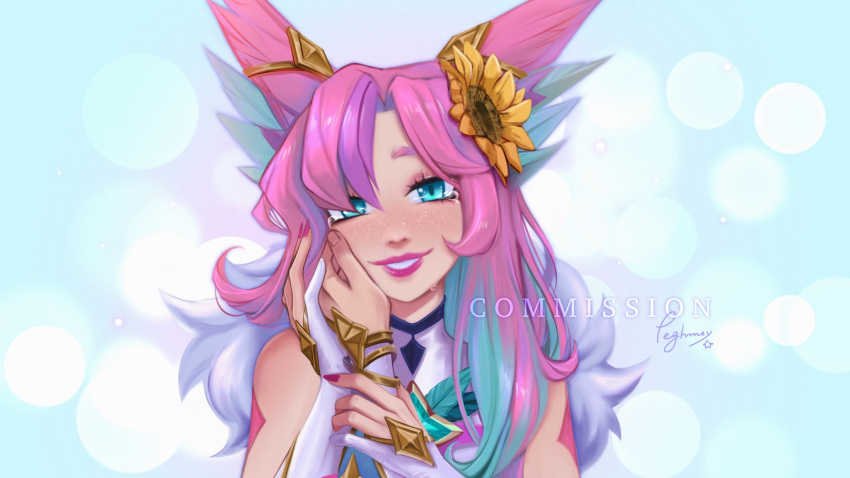 1girl 1other animal_ears bangs bare_shoulders commission detached_sleeves dress feathers flower gem green_hair grey_background grin hair_flower hair_ornament highres league_of_legends long_sleeves multicolored_hair nail_polish parted_bangs peghmey pink_hair pink_lips pink_nails pov shiny shiny_hair smile star_guardian_xayah tearing_up teeth upper_body watermark white_background xayah yellow_flower