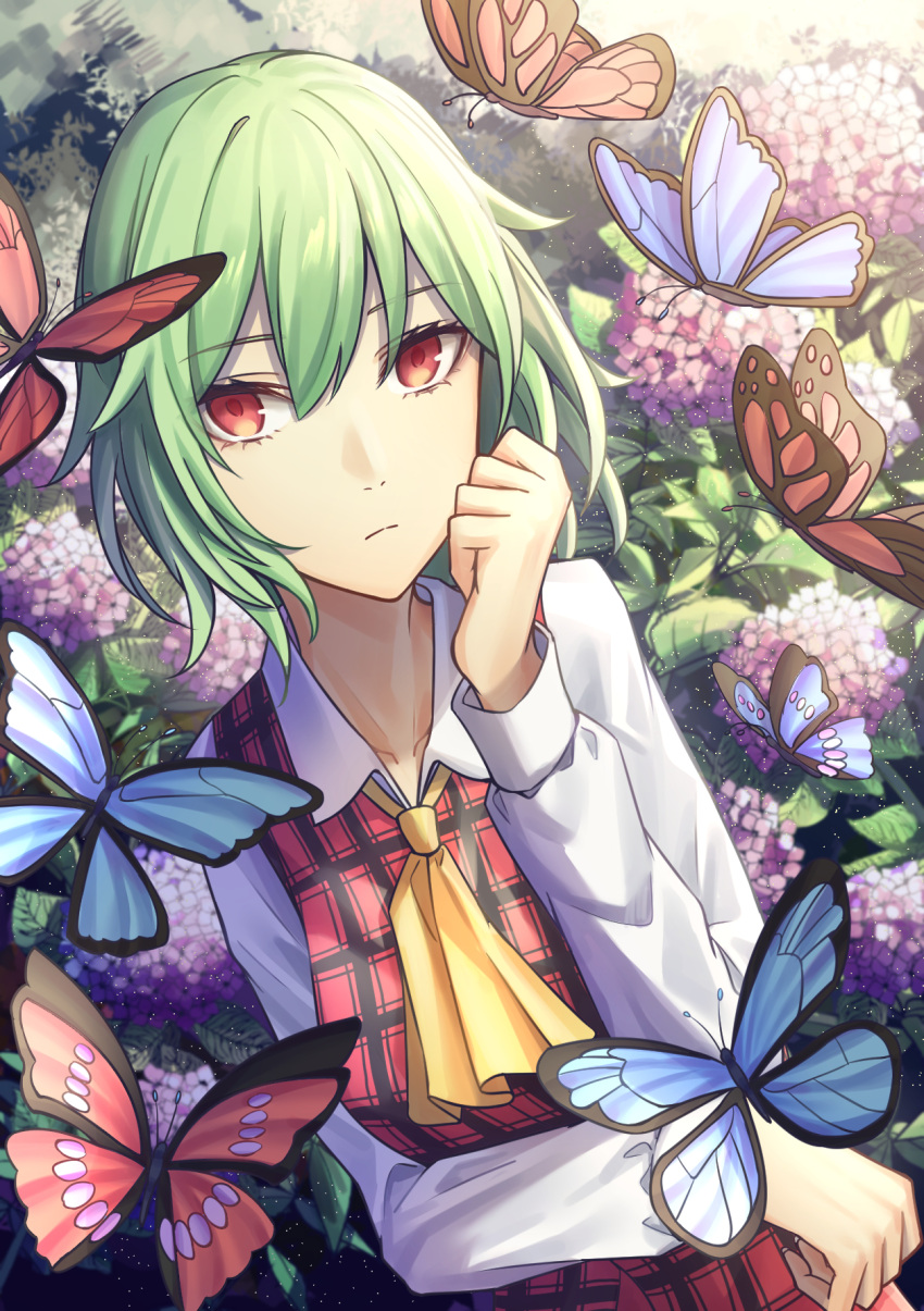 1girl arm_rest ascot blue_butterfly bug butterfly closed_mouth collarbone collared_shirt commentary eyelashes flower frown green_hair hair_between_eyes hand_on_own_cheek hand_on_own_face hand_up highres hydrangea kazami_yuuka looking_at_viewer medium_hair pink_flower plaid plaid_vest red_butterfly red_eyes red_vest shirt solo touhou upper_body vest white_shirt yangsan_(2991076090) yellow_ascot