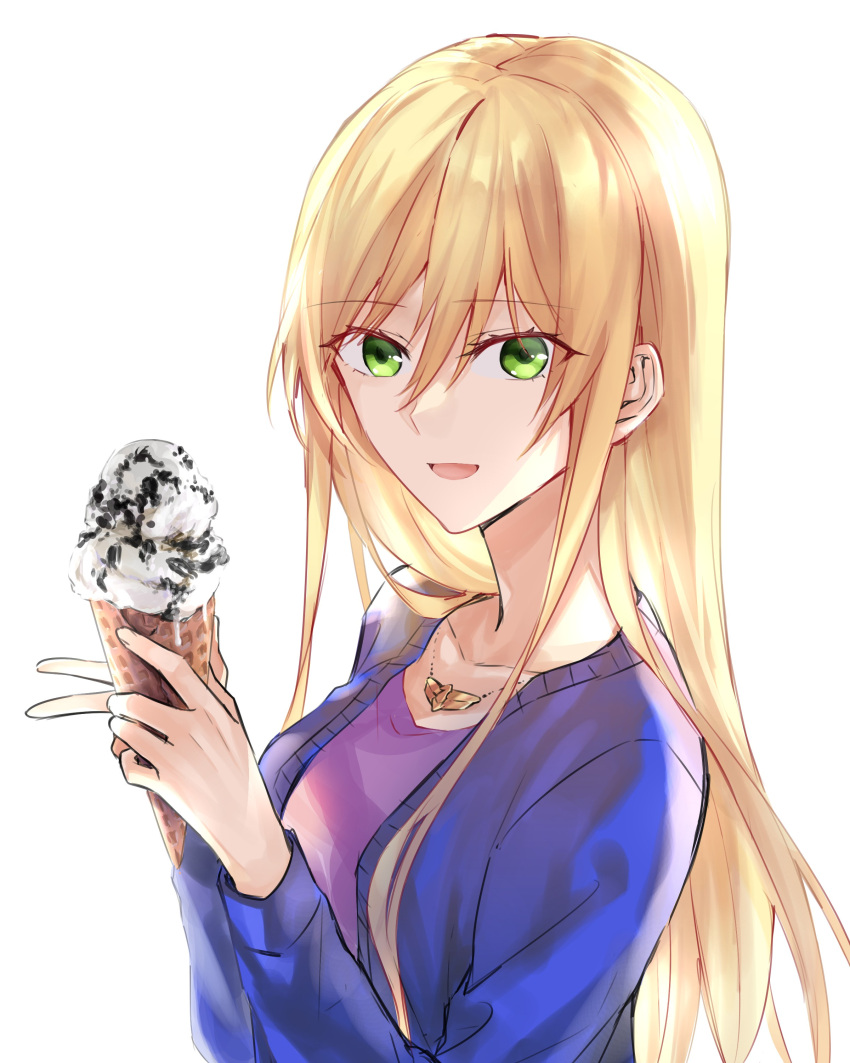 1girl absurdres alternate_costume bangs blonde_hair blue_cardigan breasts cardigan collarbone food girls_frontline green_eyes highres holding_ice_cream ice_cream jewelry long_hair long_sleeves looking_at_viewer medium_breasts necklace open_cardigan open_clothes open_mouth purple_shirt shirt smile solo stg44_(girls'_frontline) suprii upper_body white_background