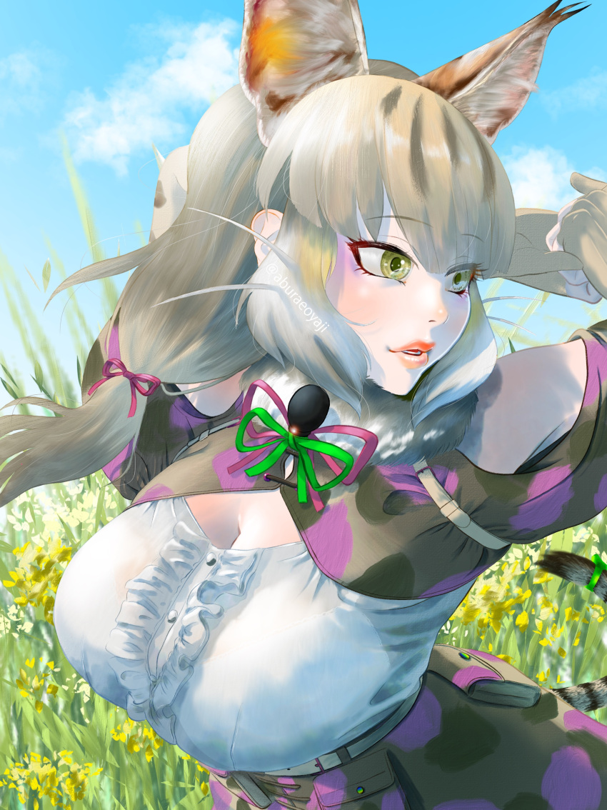 1girl absurdres aburaeoyaji animal_costume animal_ear_fluff animal_ears belt breasts cat_ears cat_girl cat_tail gloves green_eyes grey_hair highres jungle_cat_(kemono_friends) kemono_friends kemono_friends_v_project large_breasts long_hair microphone multicolored_hair ribbon scarf shirt skirt solo tail twintails virtual_youtuber