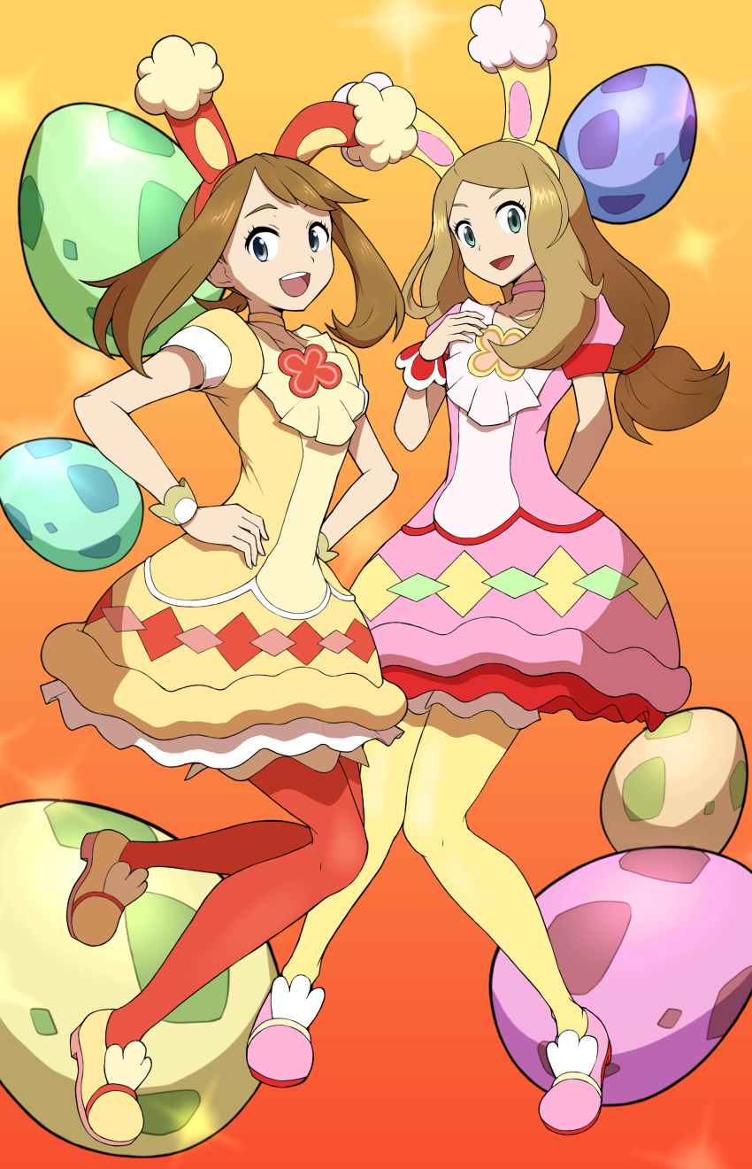 2girls :d absurdres alternate_color animal_ears bangs brown_hair choker collarbone commentary_request easter egg eyelashes fake_animal_ears grey_eyes hairband hand_up highres long_hair may_(pokemon) multiple_girls official_alternate_costume open_mouth orange_background osugyino_(giura2447) pantyhose pink_choker pink_footwear pokemon pokemon_(game) pokemon_masters_ex pokemon_xy red_pantyhose serena_(pokemon) shoes short_sleeves smile teeth tongue upper_teeth wrist_cuffs yellow_choker yellow_footwear yellow_hairband yellow_pantyhose