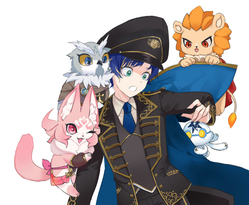 1boy ;d animal_on_shoulder apolleon arm_hug astel_leda bird black_headwear black_jacket black_vest blonde_hair blue_cape blue_hair blue_necktie brown_cloak cape cape_lift chinese_clothes cloak collared_shirt creature dudou floating fox green_eyes hat holostars jacket jellyfish karamomo_(krmmap) lion long_sleeves looking_to_the_side merck_(astel_leda) multicolored_hair necktie official_alternate_costume one_eye_closed open_mouth owl peaked_cap phruity poruneu red_cape shirt short_hair simple_background smile streaked_hair surprised upper_body vest white_background white_shirt wide-eyed