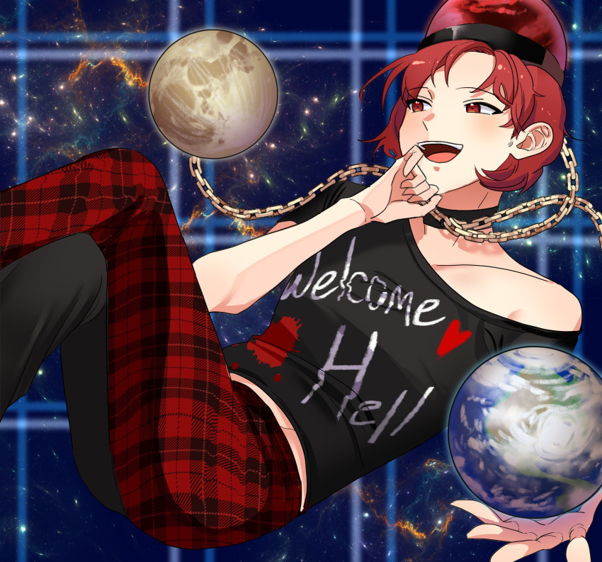 10000_we 1girl :d absurdres adapted_costume alternate_hair_length alternate_hairstyle black_choker black_shirt chain choker clothes_writing earth_(ornament) english_commentary hecatia_lapislazuli highres looking_at_viewer moon_(ornament) off-shoulder_shirt off_shoulder open_mouth pants plaid plaid_pants polos_crown red_eyes red_pants redhead shirt short_hair smile solo space t-shirt touhou