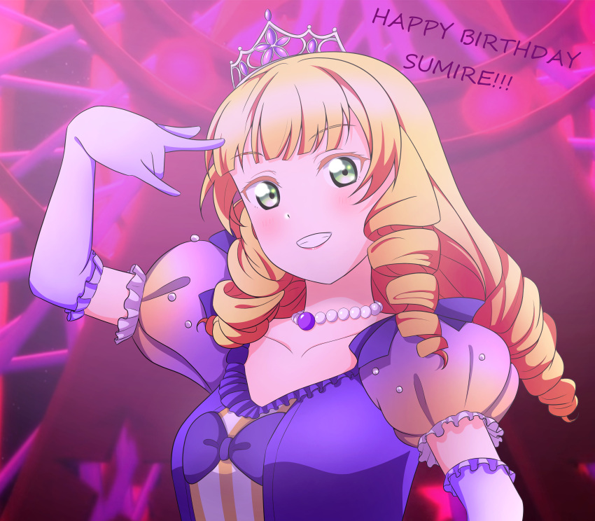 1girl \m/ absurdres bangs blonde_hair blunt_bangs commentary_request dress drill_hair elbow_gloves gloves green_eyes grin hand_up heanna_sumire highres jewelry kujo_awenn long_hair looking_at_viewer love_live! love_live!_superstar!! necklace nonfiction!!_(love_live!) pearl_necklace puffy_short_sleeves puffy_sleeves purple_dress purple_gloves short_sleeves smile solo teeth tiara upper_body