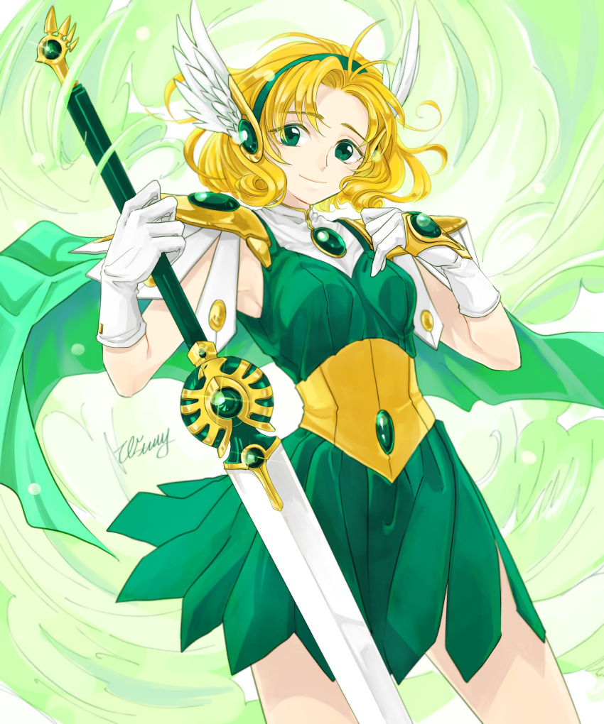 1girl absurdres antenna_hair blonde_hair closed_mouth cowboy_shot dress feet_out_of_frame female gem gloves green_dress green_eyes green_gemstone green_hairband hairband head_wings highres holding holding_sword holding_weapon hououji_fuu long_hair looking_at_viewer magic_knight_rayearth pinafore_dress shiny shiny_hair short_dress signature sleeveless sleeveless_dress smile solo standing sword underbust wata_miya_(shiro_momen) weapon white_gloves winged_hairband