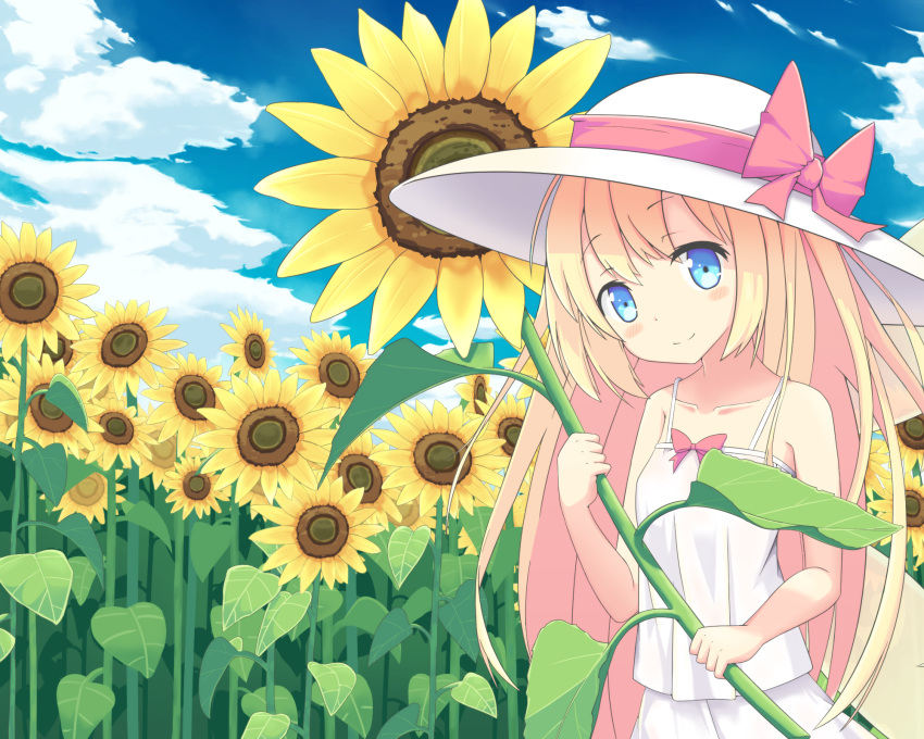 1girl bare_arms blonde_hair blue_eyes blue_sky blush bow breasts closed_mouth clouds collarbone commentary_request day dress flower happy hat hat_bow head_tilt highres hino_(yuruyurukoubou) holding holding_plant lily_white long_hair outdoors oversized_plant plant red_bow sky sleeveless sleeveless_dress small_breasts smile solo spaghetti_strap sun_hat sundress sunflower touhou very_long_hair white_dress white_headwear