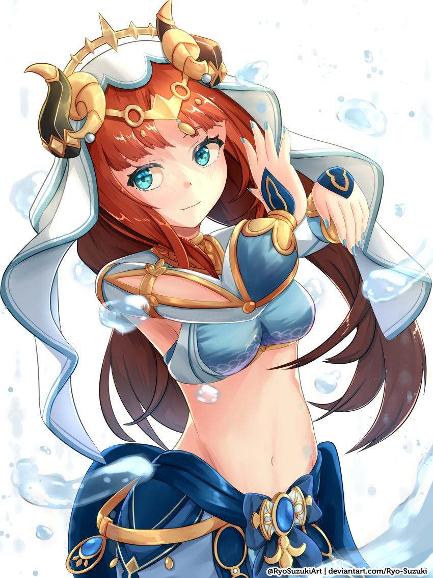 1girl absurdres artist_name blue_eyes breasts closed_mouth commentary genshin_impact hands_up harem_outfit highres horns long_hair long_sleeves medium_breasts midriff navel nilou_(genshin_impact) puffy_long_sleeves puffy_sleeves redhead ryo-suzuki simple_background smile solo upper_body water_drop white_background