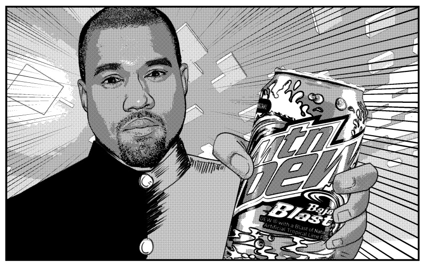 1boy buttons can closed_mouth dark-skinned_male dark_skin expressionless facial_hair goatee greyscale high_collar highres holding holding_can kanye_west looking_at_viewer male_focus monochrome mountain_dew outstretched_hand real_life short_hair solo upper_body very_short_hair xyanaid