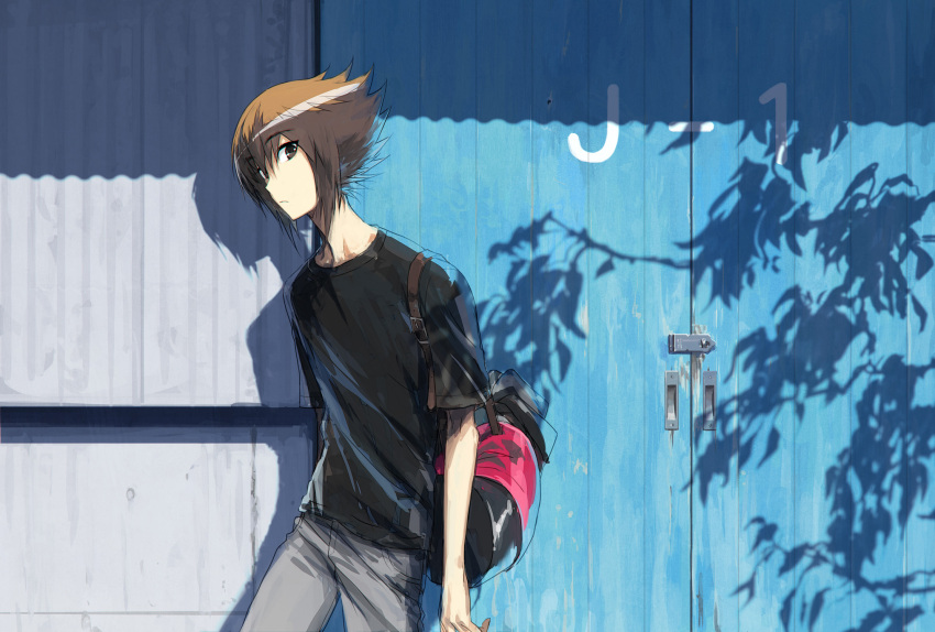 1boy black_shirt brown_eyes building closed_mouth colored_inner_hair commentary_request door english_text grey_pants highres looking_at_viewer moribuden multicolored_hair pants red_bag shadow shirt solo yu-gi-oh! yu-gi-oh!_duel_monsters yu-gi-oh!_gx yuuki_juudai
