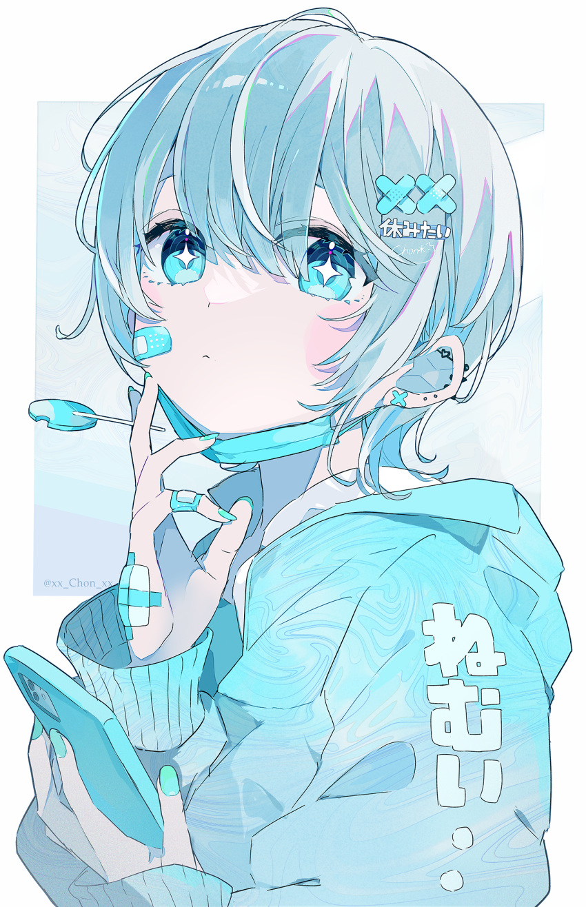 +_+ 1girl bandaid bandaid_on_cheek bandaid_on_face bangs between_fingers blue_eyes blue_jacket blush_stickers candy cellphone chon_(chon33v) closed_mouth commentary_request ear_piercing food grey_hair hair_between_eyes hair_ornament highres holding holding_candy holding_food holding_lollipop holding_phone hood hood_down hooded_jacket jacket lollipop long_sleeves looking_at_viewer mask mask_pull mouth_mask original phone piercing puffy_long_sleeves puffy_sleeves shirt short_hair sleeves_past_wrists solo surgical_mask upper_body white_shirt x_hair_ornament