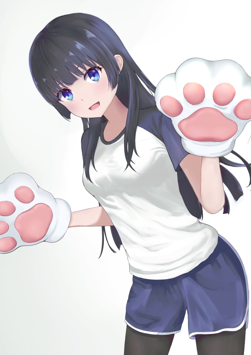 1girl bangs black_hair black_pantyhose blue_eyes blue_shorts blunt_bangs breasts cowboy_shot elnath6666 gym_shirt gym_shorts gym_uniform head_tilt highres leaning_forward long_hair looking_at_viewer open_mouth pantyhose paw_mittens saten_ruiko shiny shiny_hair shirt short_sleeves shorts simple_background small_breasts solo toaru_kagaku_no_railgun toaru_majutsu_no_index white_background