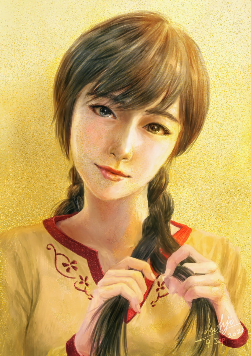 1girl braid braiding_hair brown_eyes brown_hair chinese_clothes closed_mouth dated floral_print hairdressing head_tilt highres holding holding_hair kohji ling_shen_hua lips long_hair looking_at_viewer portrait red_trim shenmue shenmue_iii shirt signature solo twin_braids yellow_background yellow_shirt