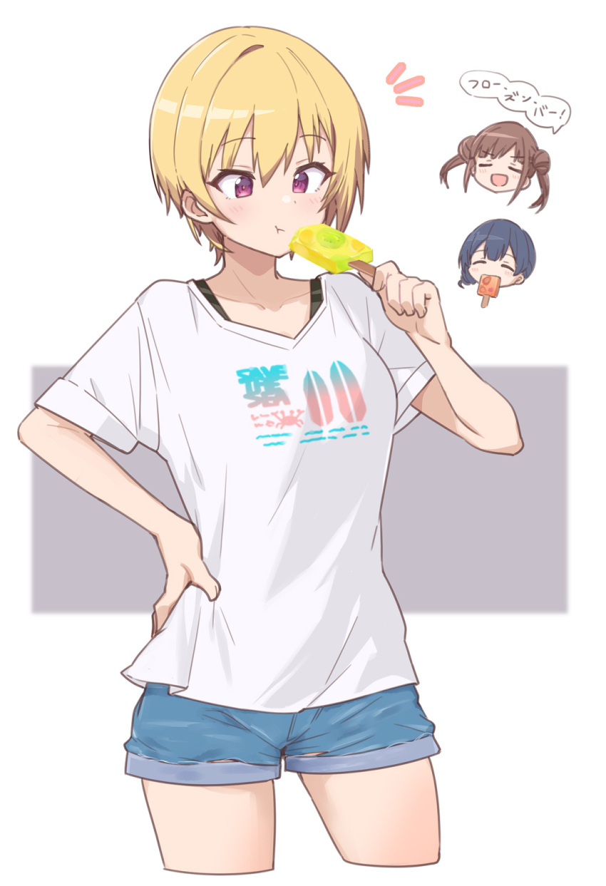 3girls :t azu_ankoowl blonde_hair blush chibi chibi_inset closed_eyes cropped_legs denim denim_shorts eating hand_on_hip highres holding_ice_cream idolmaster idolmaster_shiny_colors morino_rinze multiple_girls notice_lines saijo_juri shirt short_hair short_shorts shorts simple_background solo_focus sonoda_chiyoko speech_bubble white_shirt