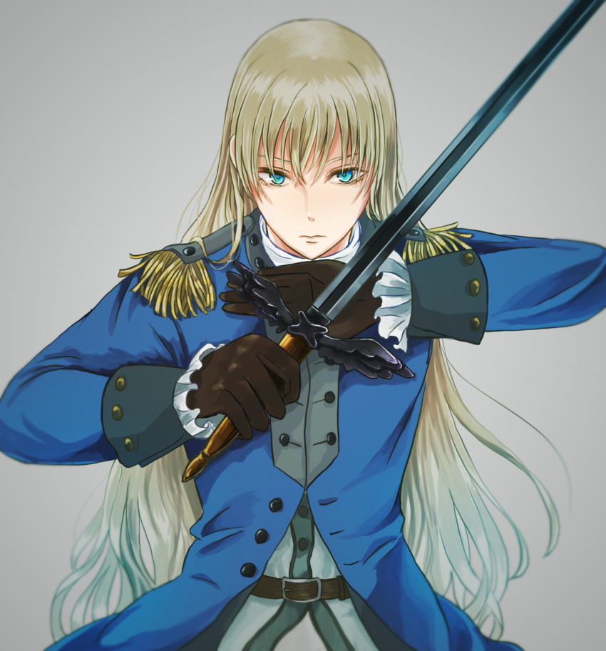 1boy belt black_gloves blonde_hair blue_eyes d'eon_de_beaumont epaulettes gloves grey_background highres holding holding_sword holding_weapon le_chevalier_d'eon leah_(1tsumi) long_hair long_sleeves male_focus solo standing sword very_long_hair weapon