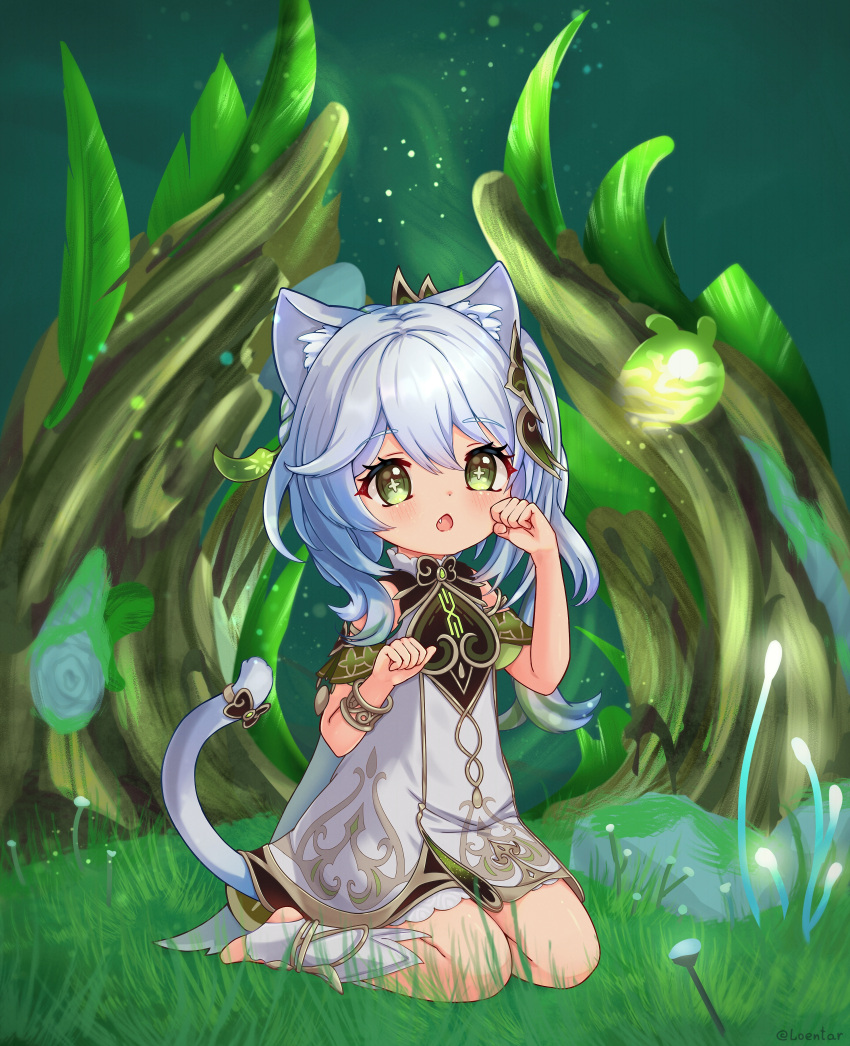 absurdres animal_ears bangs bare_shoulders bloomers bracelet cat_ears cat_girl cat_tail clenched_hands cross-shaped_pupils dress fang female_child full_body genshin_impact gold_trim gradient_hair green_background green_eyes green_hair hair_ornament highres jewelry kemonomimi_mode leaf loentar long_hair moss multicolored_hair mushroom nahida_(genshin_impact) nekomimi_mode_(tsukuyomi) on_grass open_mouth paw_pose pointy_ears roots seelie_(genshin_impact) side_ponytail sitting solo stirrup_footwear tail toeless_footwear underwear wariza white_dress white_footwear white_hair