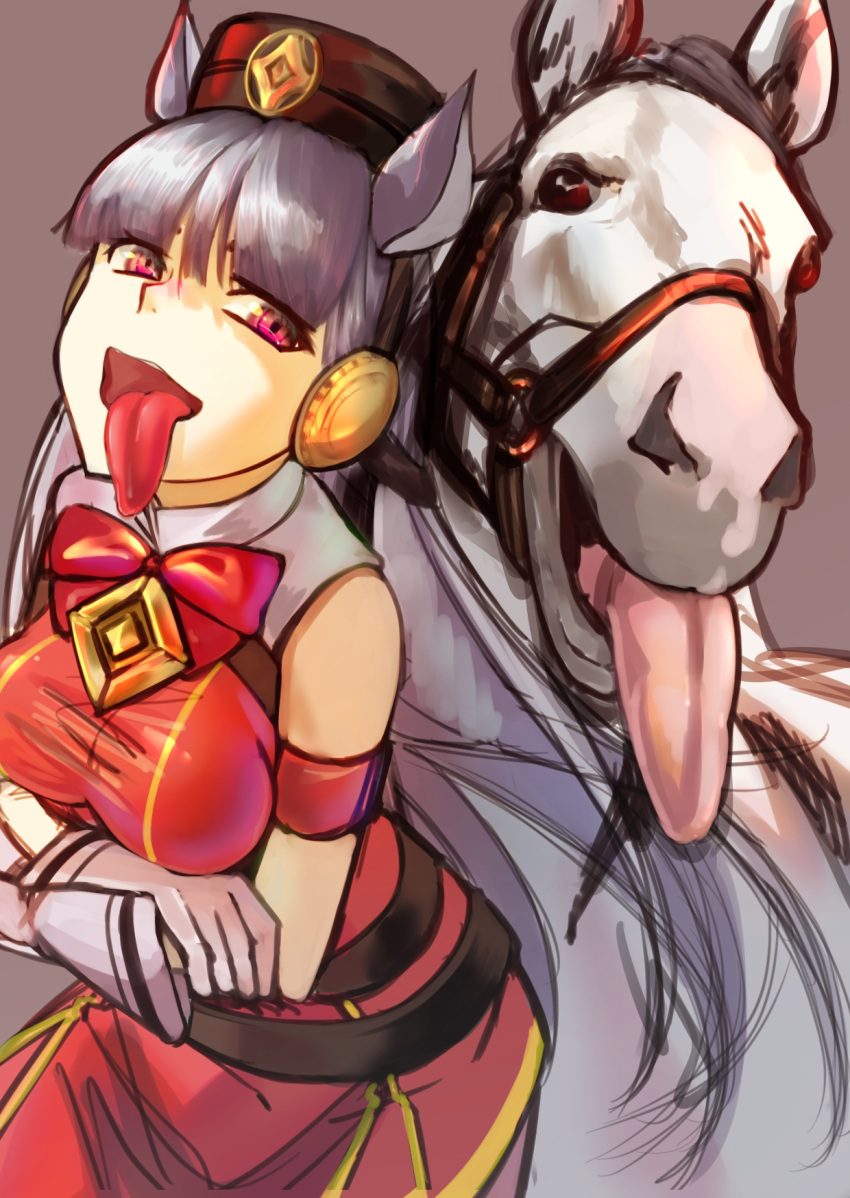 1girl 1other :p animal_ears bangs blunt_bangs bow bowtie commentary creature_and_personification gloves gold_ship_(racehorse) gold_ship_(umamusume) grey_hair highres horse horse_ears horse_girl long_hair looking_at_viewer pillbox_hat purple_background red_bow red_bowtie simple_background tongue tongue_out umamusume user_uscc4228 violet_eyes white_gloves