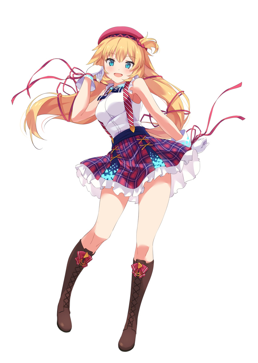 1girl :d akai_haato alternate_costume bangs blonde_hair blue_eyes blush boots bow breasts brown_footwear cross-laced_footwear footwear_bow full_body gloves hair_between_eyes hair_ornament hat heart heart_hair_ornament highres hololive knee_boots lace-up_boots large_breasts long_hair looking_at_viewer miniskirt narumi_nanami one_side_up open_mouth red_headwear red_ribbon red_skirt ribbon simple_background skirt smile solo virtual_youtuber white_background white_gloves wrist_ribbon