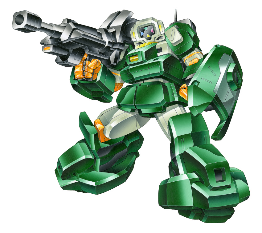 1980s_(style) acrylic_paint_(medium) alnas_(lilis) gun gundam gundam_g_no_reconguista head_tilt highres holding holding_gun holding_weapon looking_at_viewer mecha no_humans painting_(medium) recksnow retro_artstyle robot shield solo traditional_media weapon white_background