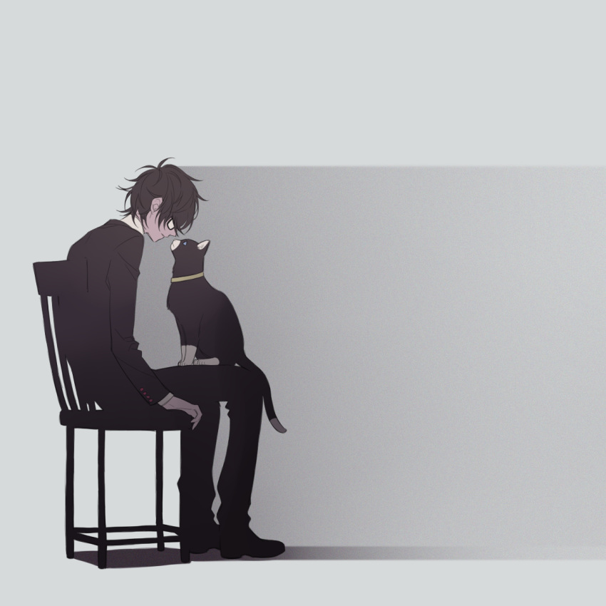 1boy amamiya_ren atlus black_cat black_footwear black_hair black_jacket black_pants cat glasses grey_background highres jacket looking_at_animal morgana_(persona_5) pants persona persona_5 persona_5_the_royal school_uniform shadow shirt sitting solo uhui white_shirt wooden_chair yellow_collar