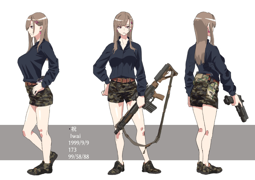 1girl absurdres black_shirt breasts brown_eyes brown_hair camouflage camouflage_shorts collarbone earrings grey_background gun hair_ornament hairclip hand_in_pocket highres holding holding_gun holding_weapon jewelry long_hair long_sleeves medium_breasts mole mole_under_mouth multiple_views original profile puffy_long_sleeves puffy_sleeves shirt short_shorts shorts standing two-tone_background utsuda weapon weapon_request white_background