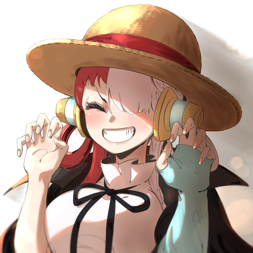 1girl absurdres closed_eyes grin hair_over_one_eye hair_rings hat headphones highres multicolored_hair one_piece redhead single_sleeve smile split-color_hair straw_hat taiju_(gr09kuma) two-tone_hair uta_(one_piece) white_background white_hair