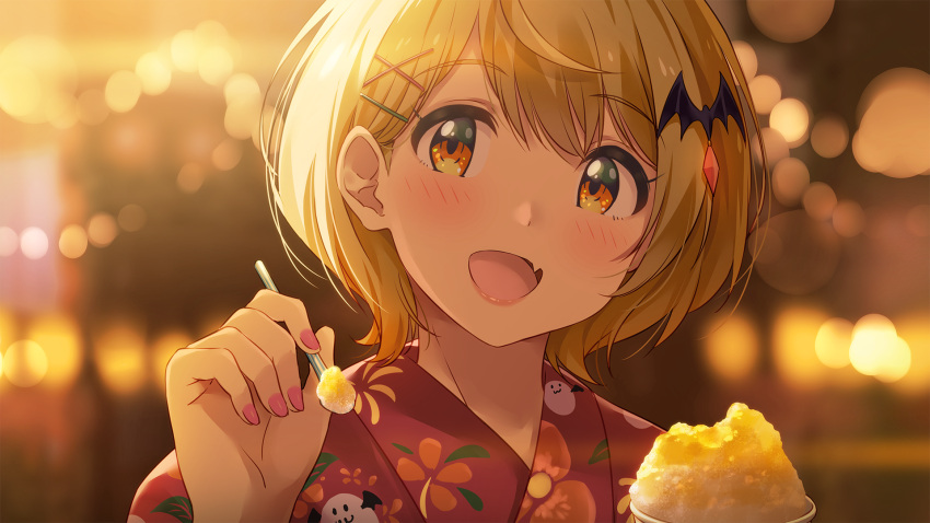 1girl :d ahoge alternate_costume bat_hair_ornament blonde_hair blurry blurry_background blush fang festival food hair_between_eyes hair_ornament hairclip highres hololive japanese_clothes kimono lips looking_at_viewer nail_polish narumi_nanami night open_mouth outdoors pink_nails portrait pov shaved_ice short_hair skin_fang smile solo spoon vampire virtual_youtuber x_hair_ornament yellow_eyes yozora_mel