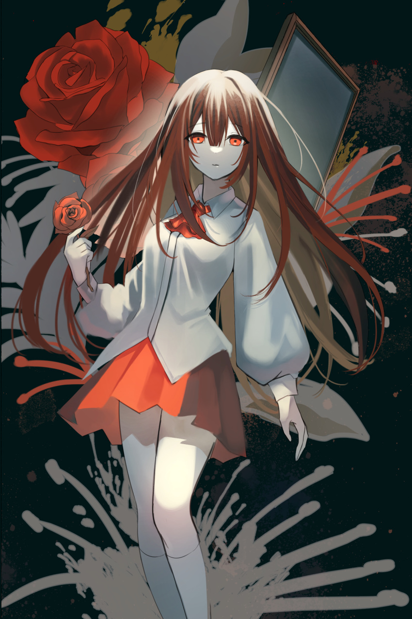 1boy 1girl ascot black_background brown_hair dari_(dong_60) flower highres ib ib_(ib) kneehighs long_hair long_sleeves looking_at_viewer pale_skin red_ascot red_eyes red_flower red_rose red_skirt rose shirt skirt socks white_shirt white_socks