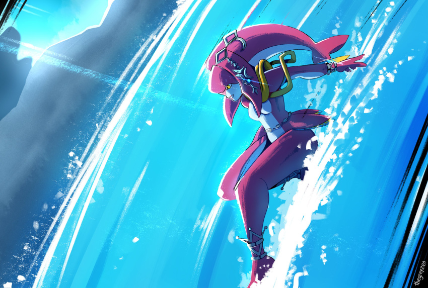 1girl bangs breasts colored_skin day fins fish_girl grin hair_ornament highres jewelry long_hair mipha monster_girl multicolored_skin outdoors pointy_ears red_skin redhead small_breasts smile solo teeth the_legend_of_zelda the_legend_of_zelda:_breath_of_the_wild thegreyzen water waterfall yellow_eyes zora