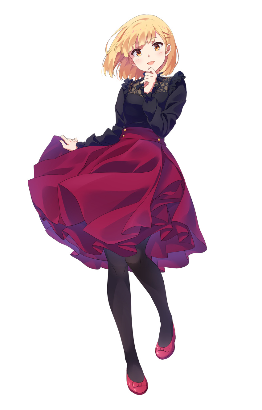 1girl black_pantyhose blonde_hair blush brown_eyes character_request copyright_request full_body hair_ornament hairclip highres long_sleeves looking_at_viewer narumi_nanami open_mouth pantyhose red_footwear red_skirt short_hair simple_background skirt smile solo white_background